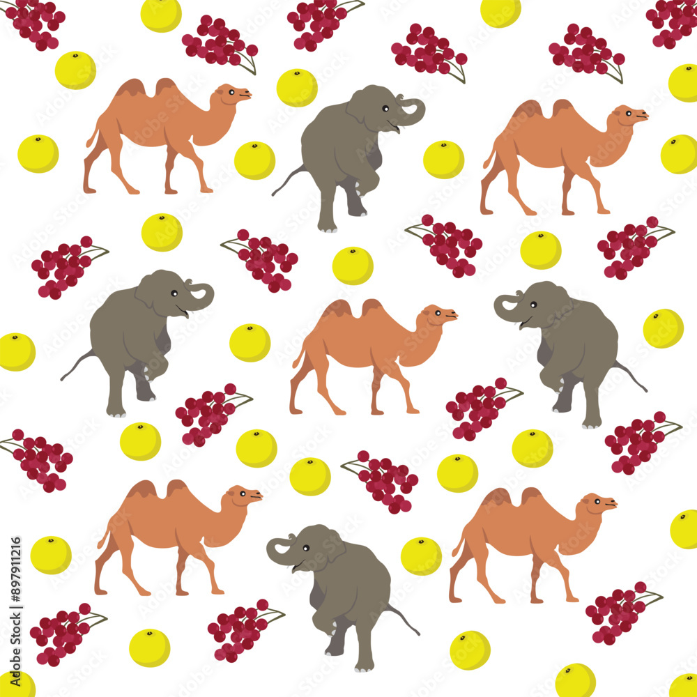 Obraz premium cute camel, elephant with fruit as a pattern background