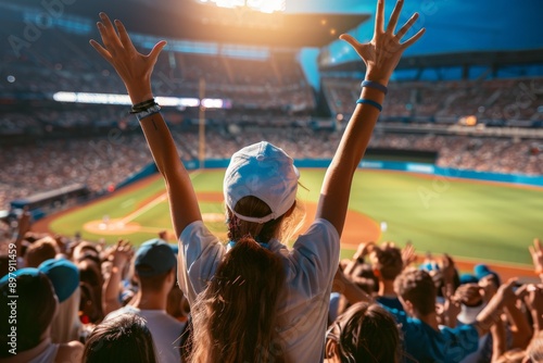 Woman cheering at a baseball game. photo