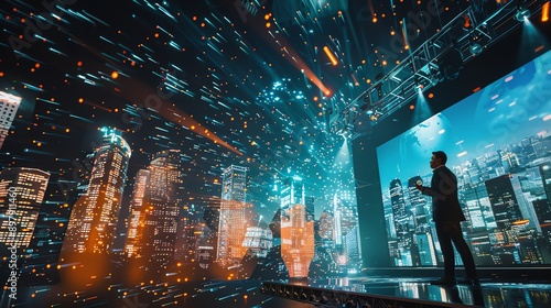 Futuristic Tech Conference: CEO's Visionary Speech Against Stunning Cityscape Backdrop - Generative AI