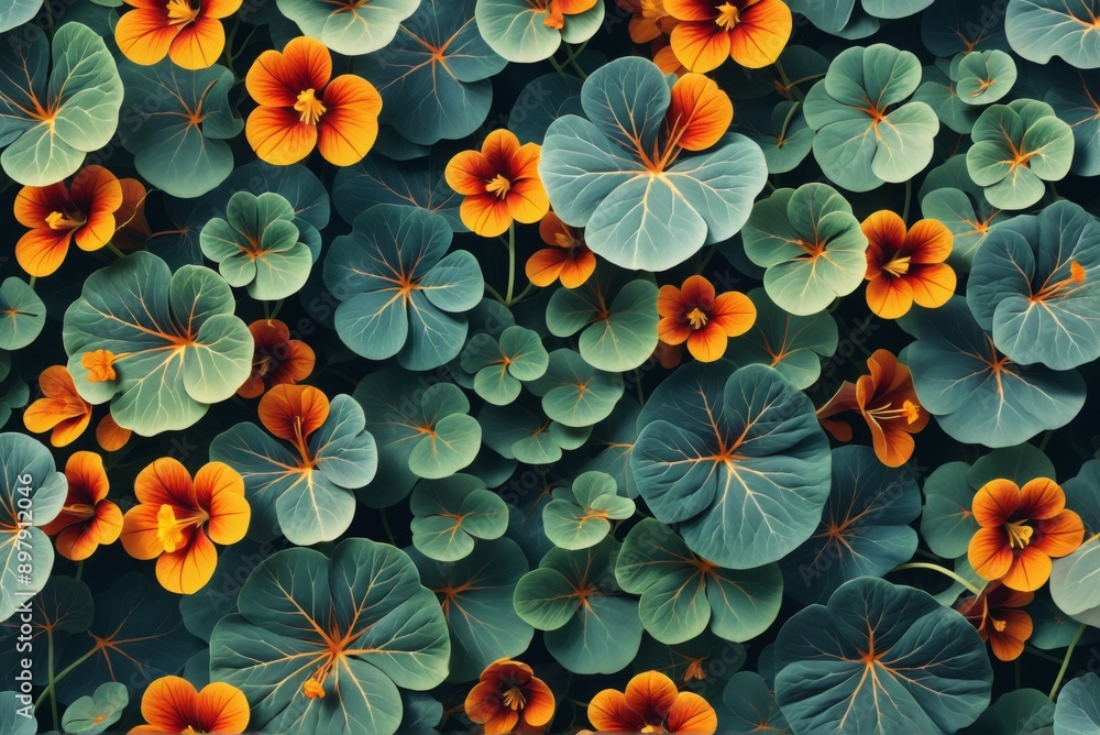 Close-up group large dark green leaves orange flowers scattered Close-up group large dark green leaves orange flowers scattered
