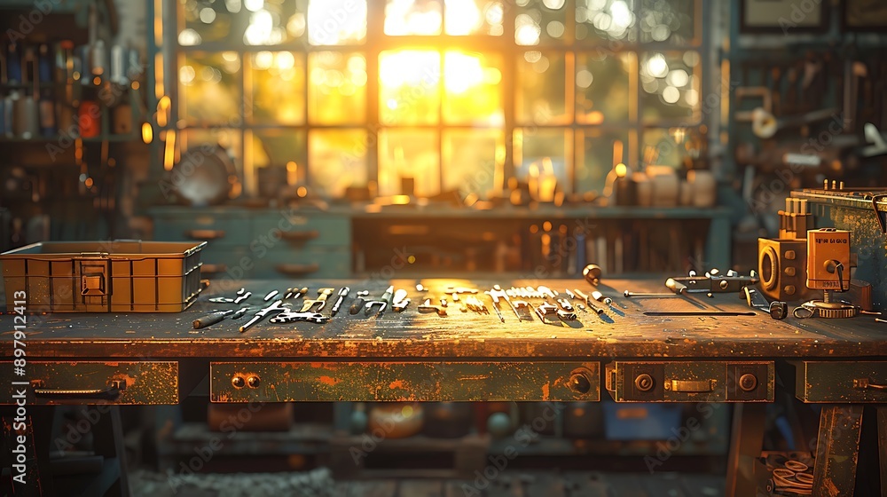 A cinematic photograph of a metalworker's workbench, neatly placed metalworking tools, warm afternoon light casting long shadows, detailed textures of the tools and metal surfaces, A cinematic photograph of a metalworker's workbench, neatly placed metalworking tools, warm afternoon light casting long shadows, detailed textures of the tools and metal surfaces,
