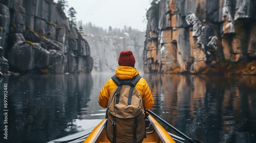 Adventurer paddling through a foggy canyon. Adventurer paddling through a foggy canyon.