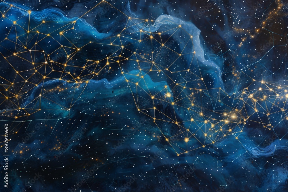 Abstract Blue Nebula with Golden Constellation. Abstract Blue Nebula with Golden Constellation.