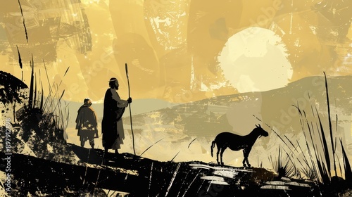 Genesis,Kings War:Minimalist modern sketch of a messenger informing Abram of Lot’s capture, bold pencil lines on soft beige boho background biblical illustration, perfect for inspirational wall art.