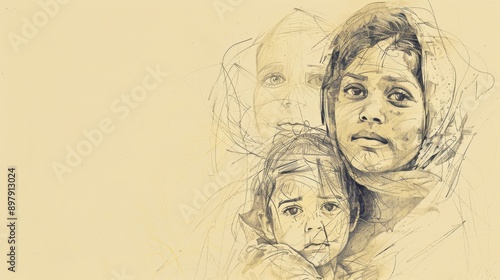 Wallpaper Mural Genesis,Jacobs Children:Minimalist Modern Sketch of Leah with Zebulun, Bold Pencil Lines, Soft Beige Boho Background  Biblical Illustration Torontodigital.ca