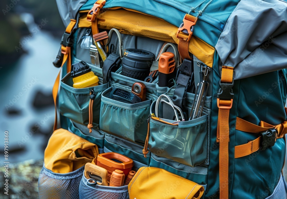A detailed shot of a hiking backpack with various compartments and camping tools A detailed shot of a hiking backpack with various compartments and camping tools