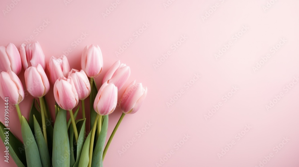 Bouquet of delicate pink tulips arranged against a soft pastel pink backdrop Bouquet of delicate pink tulips arranged against a soft pastel pink backdrop
