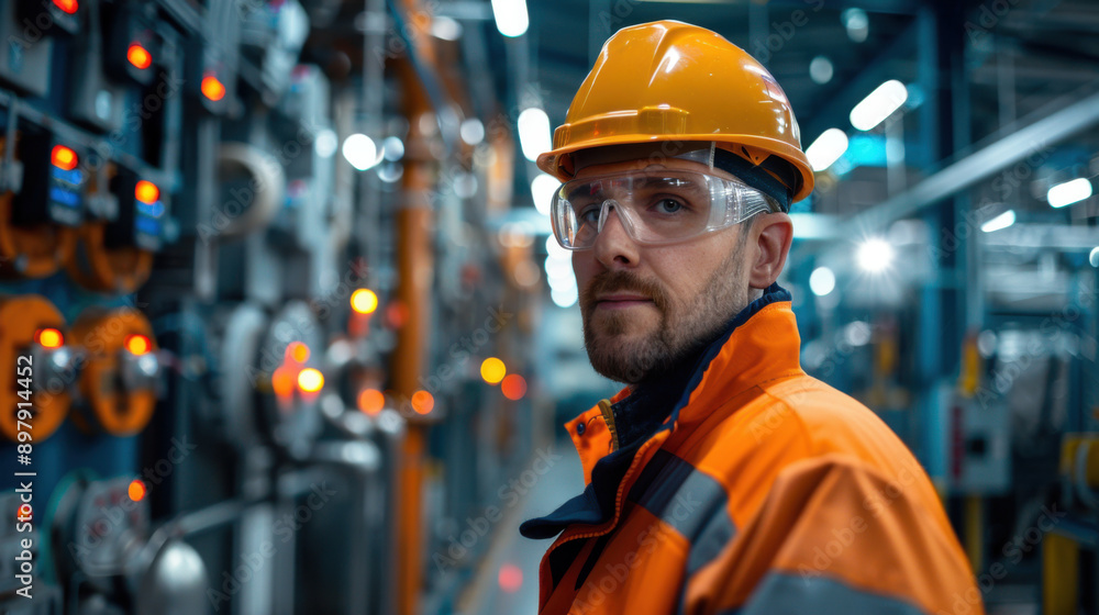 Engineer wearing a hard hat and safety goggles working at an industrial facility with complex machinery in the background. Engineer wearing a hard hat and safety goggles working at an industrial facility with complex machinery in the background.