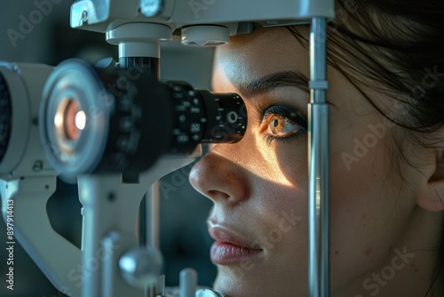 A patient undergoing a modern eye exam, highlighting focused vision, in observance of Cataract Awareness Month. This scene represents an ophthalmology concept.



