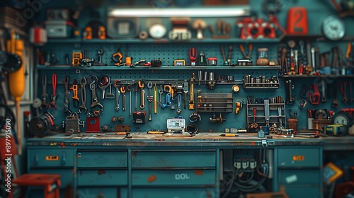 A cinematic photograph of a plumber's workbench, neatly organized plumbing tools, early morning light creating a serene ambiance, detailed textures of tools and workbench, central focus on main tools,