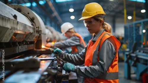 Employees wearing safety gear operating machinery, industrial warehouse environment