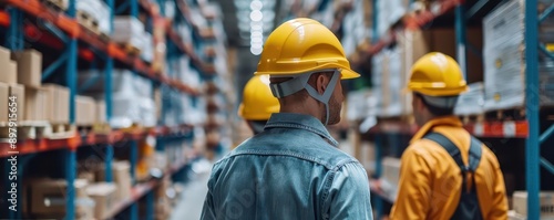 A group of workers in a warehouse wearing helmets, focusing on safety and organization while managing inventory and logistics.