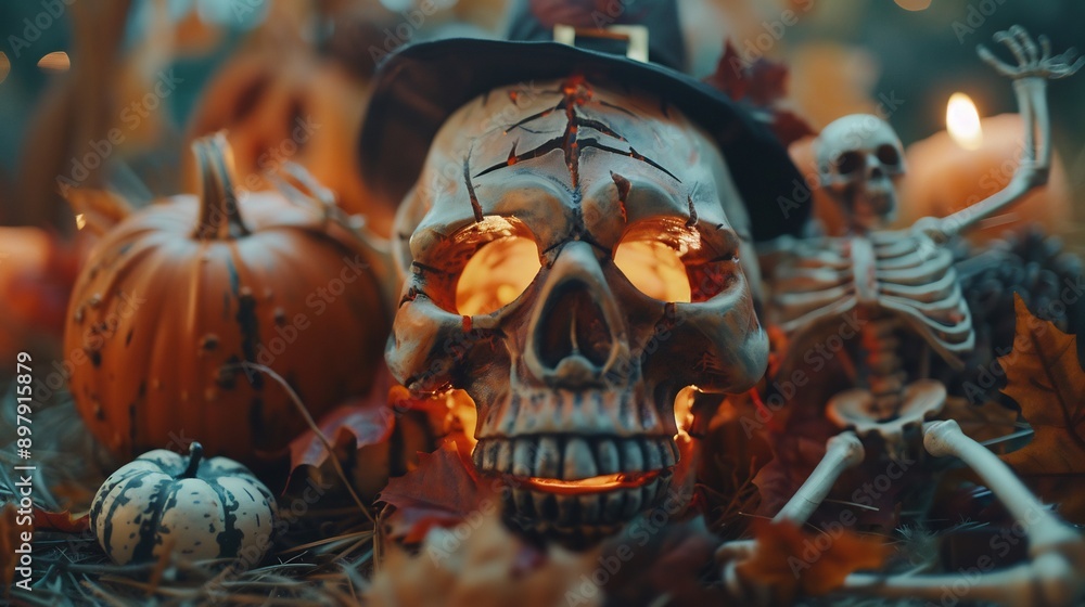 Monster skulls and pumpkins in halloween season Monster skulls and pumpkins in halloween season