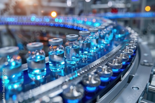 A high-tech pharmaceutical production line with glass vials moving through automated machinery in a sterile environment, showcasing modern medical manufacturing.