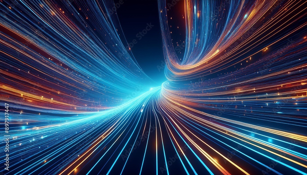 Dynamic motion of vibrant light trails in blue and orange tones, creating an energetic and futuristic atmosphere. Dynamic motion of vibrant light trails in blue and orange tones, creating an energetic and futuristic atmosphere.