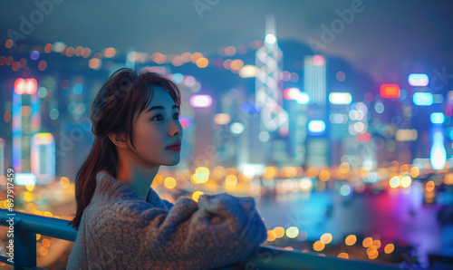 夜景と女性