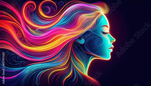 A vibrant and colorful digital art piece featuring a woman's profile with flowing hair, emphasizing beauty and creativity.