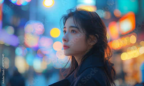 夜景と女性