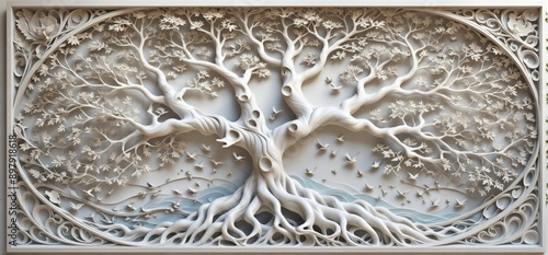 Square-shaped panel white background center there is large tree