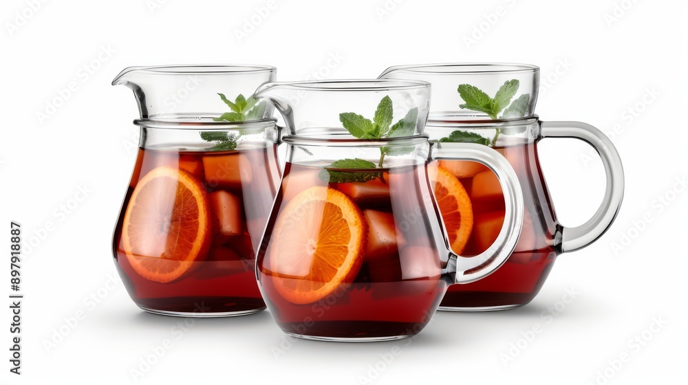 Sangria Pitcher with Chopped Fruits and Brandy on White Background Sangria Pitcher with Chopped Fruits and Brandy on White Background