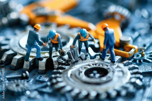 Miniature Workers on Gears. photo