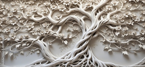 Close-up wall decoration tree is made white plaster has intricat