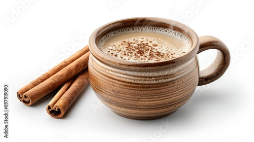 Steaming Traditional Mexican Atole Drink Served in Handcrafted Clay Mug with Cinnamon Stick photo