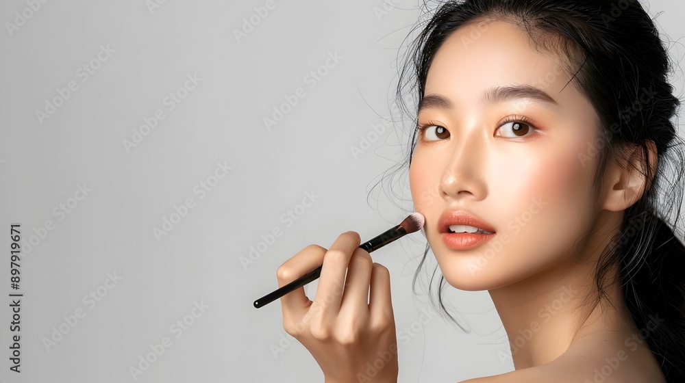 Alluring Asian Model Applying Makeup in Beauty Tutorial Pose with Clean Minimalist Backdrop Alluring Asian Model Applying Makeup in Beauty Tutorial Pose with Clean Minimalist Backdrop