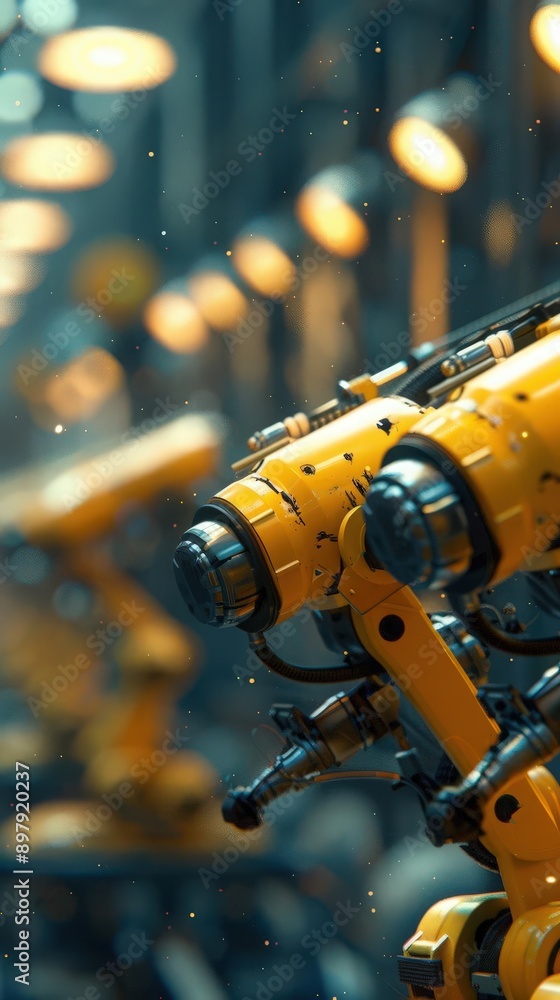 Close-up of industrial robotic arm showcasing advanced technology in a modern manufacturing environment. Close-up of industrial robotic arm showcasing advanced technology in a modern manufacturing environment.