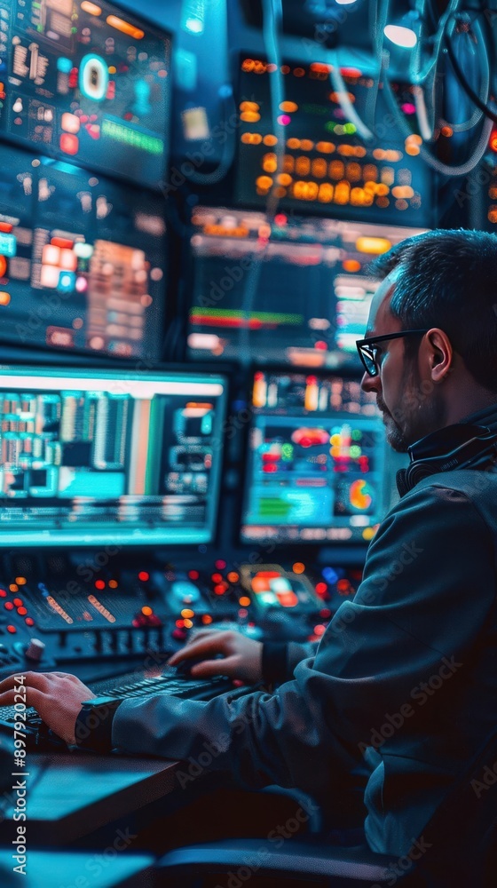 Focused professional operates high-tech equipment in a modern control room, monitoring data and managing systems. Focused professional operates high-tech equipment in a modern control room, monitoring data and managing systems.
