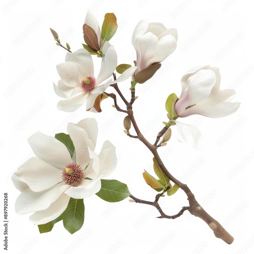 A Sprig of Magnolia Flowers on White Background A Sprig of Magnolia Flowers on White Background