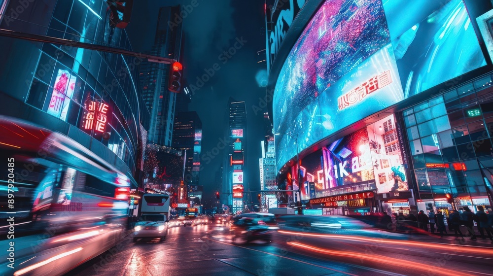 Vibrant cityscape at night featuring bright neon lights, bustling streets, and dynamic traffic in a modern urban environment. Vibrant cityscape at night featuring bright neon lights, bustling streets, and dynamic traffic in a modern urban environment.
