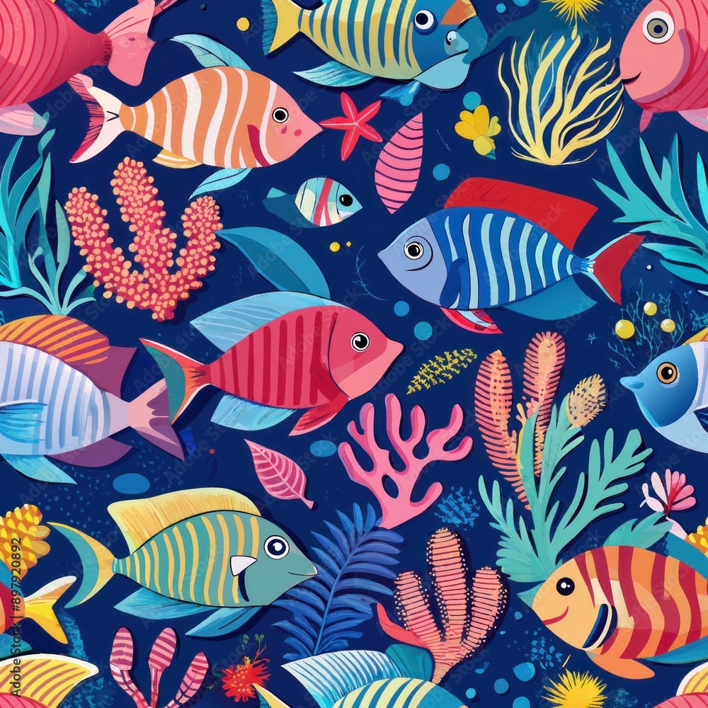 Fototapeta premium seamless pattern of tropical fish in vibrant coral reef settings, Generative AI