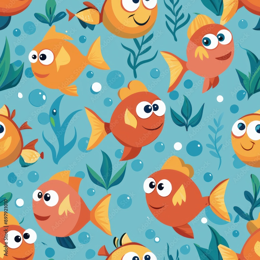 Fototapeta premium seamless pattern of underwater scene with cute cartoon fish and seaweed, Generative AI