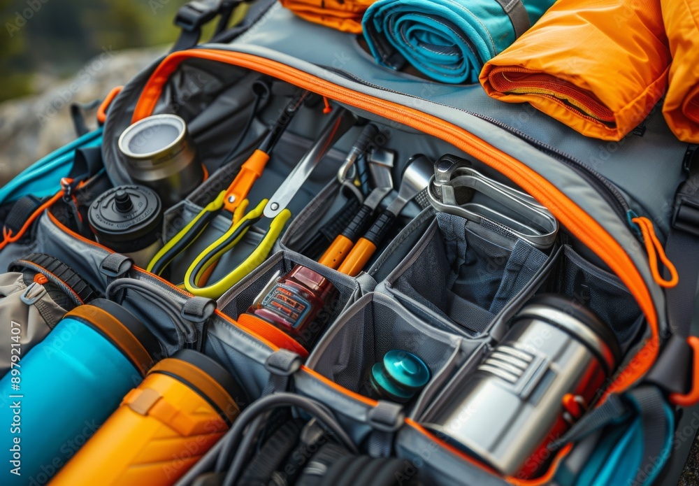 A detailed shot of a hiking backpack with various compartments and camping tools A detailed shot of a hiking backpack with various compartments and camping tools