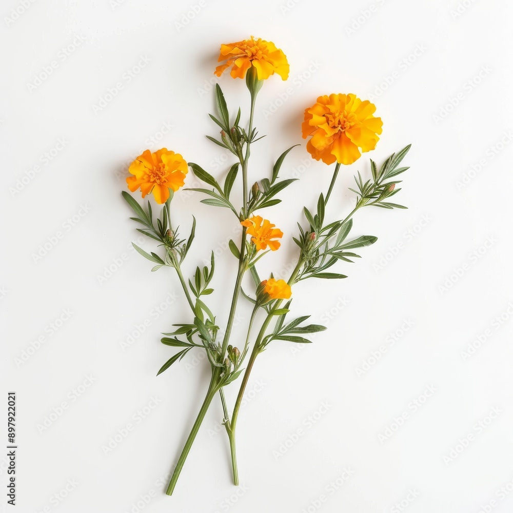 A Sprig of Marigold Flower on White Background A Sprig of Marigold Flower on White Background