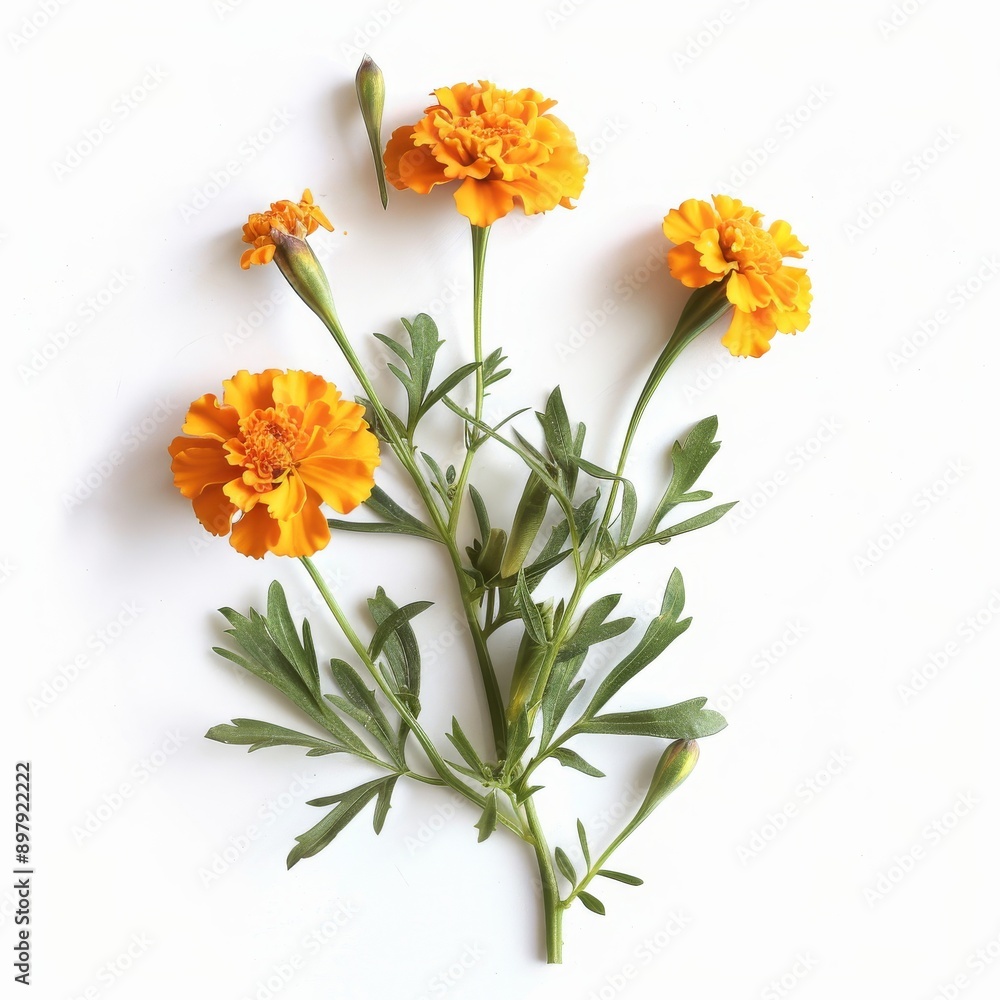 A Sprig of Marigold Flower on White Background A Sprig of Marigold Flower on White Background