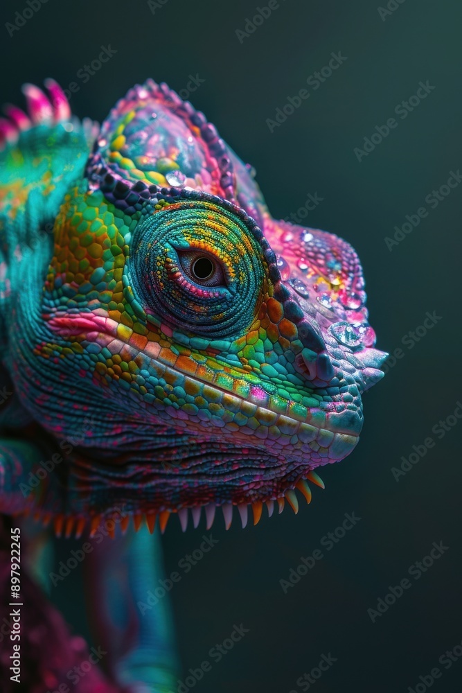 Obraz premium A vibrant chameleon displays its colorful scales, showcasing its unique patterns and textures in stunning detail.
