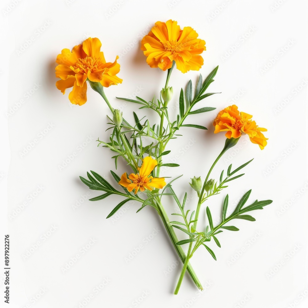 A Sprig of Marigold Flower on White Background A Sprig of Marigold Flower on White Background
