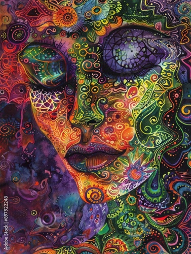Wallpaper Mural A vibrant and surreal portrait featuring intricate patterns and vivid colors, evoking a sense of dreamlike imagination. Torontodigital.ca