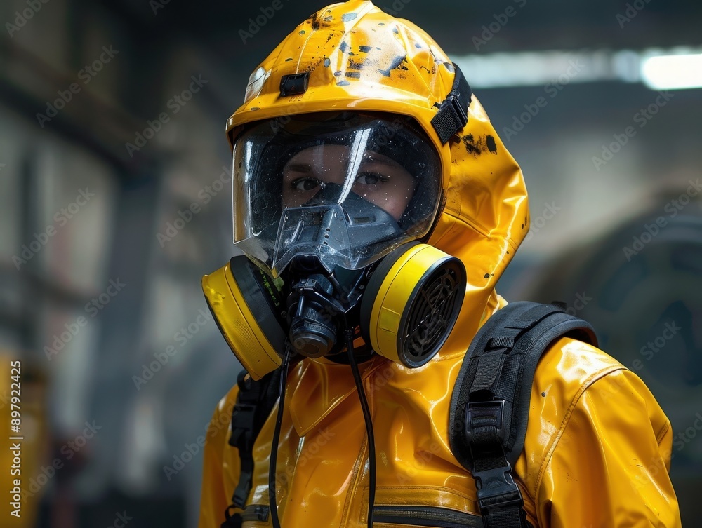 A worker in a yellow protective suit and gas mask stands in a warehouse, showcasing safety equipment in an industrial setting. A worker in a yellow protective suit and gas mask stands in a warehouse, showcasing safety equipment in an industrial setting.