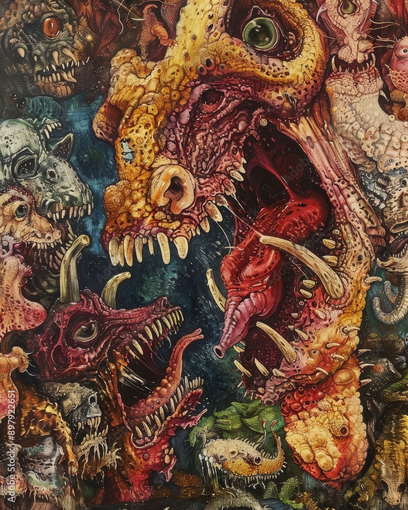 custom made wallpaper toronto digitalAn intense and vivid depiction of fantastical creatures in a surreal composition, showcasing intricate details and vibrant colors.