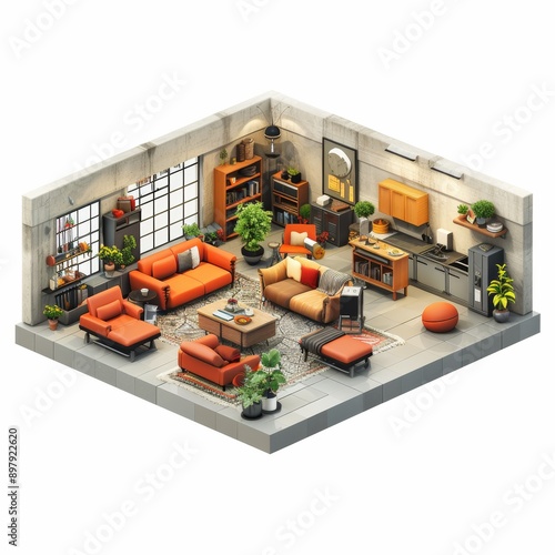 Modern 3D Isometric Design of a Cozy Living Room and Kitchen Interior with Contemporary Furniture and Green Plants