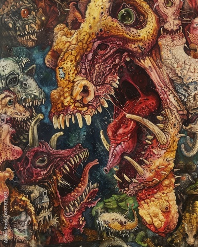 Wallpaper Mural An intense and vivid depiction of fantastical creatures in a surreal composition, showcasing intricate details and vibrant colors. Torontodigital.ca