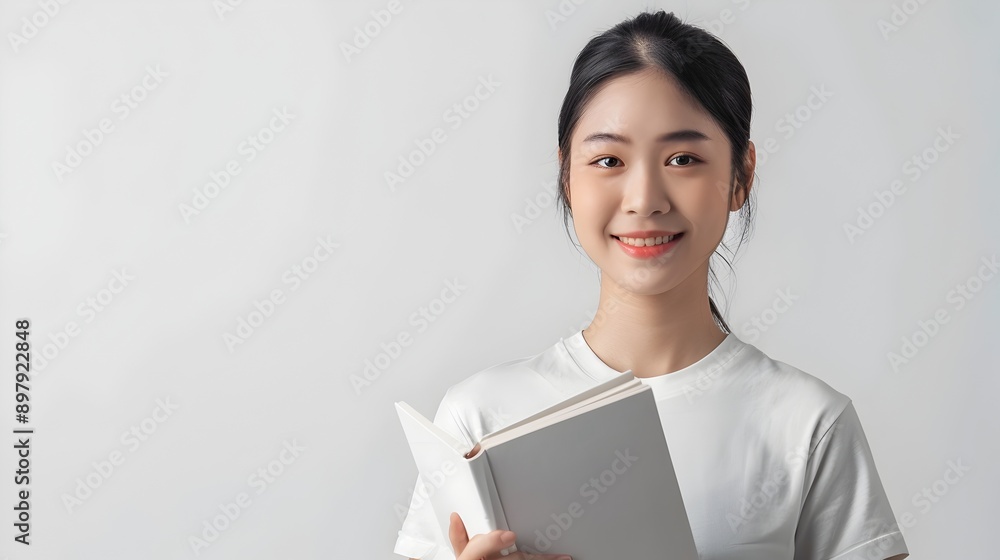 Confident Asian Woman Presenting Book or Magazine in Clean Studio Setting Confident Asian Woman Presenting Book or Magazine in Clean Studio Setting