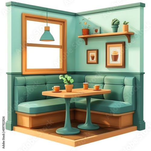 Cozy 3D Isometric Cafe Corner with Modern Furniture and Greenery - Perfect for Interior Design and Architectural Visualization