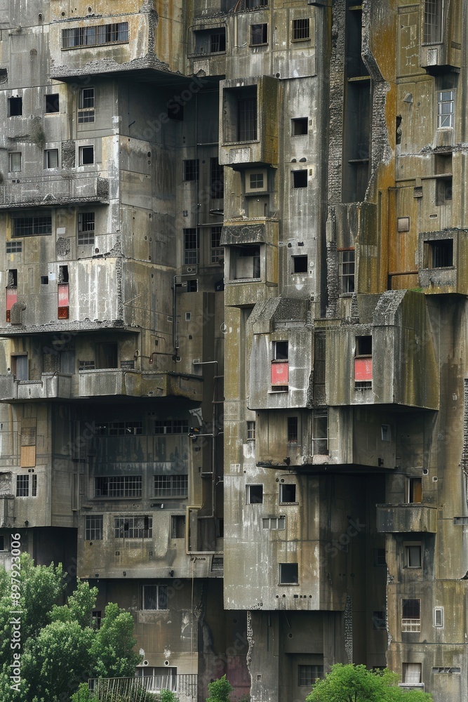 Unique architectural design showcasing a complex of concrete structures with varied shapes and window placements. Unique architectural design showcasing a complex of concrete structures with varied shapes and window placements.