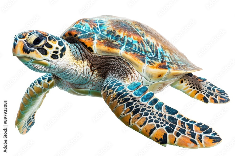 Fototapeta premium A majestic sea turtle gracefully swims against a pure white background, with its intricate shell patterns and gentle eyes capturing the ancient beauty of marine life.