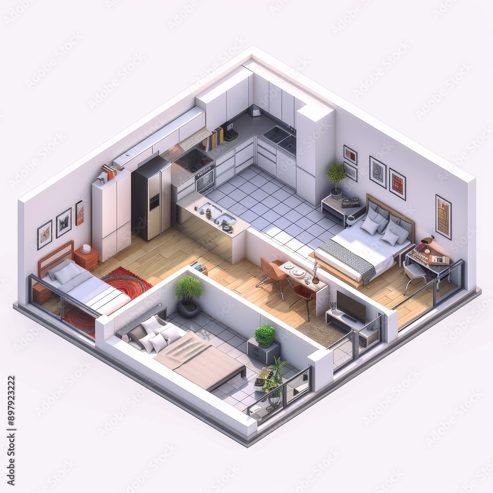 Modern 3D Isometric Design of a Stylish Apartment Interior with Contemporary Furniture and Decor Modern 3D Isometric Design of a Stylish Apartment Interior with Contemporary Furniture and Decor