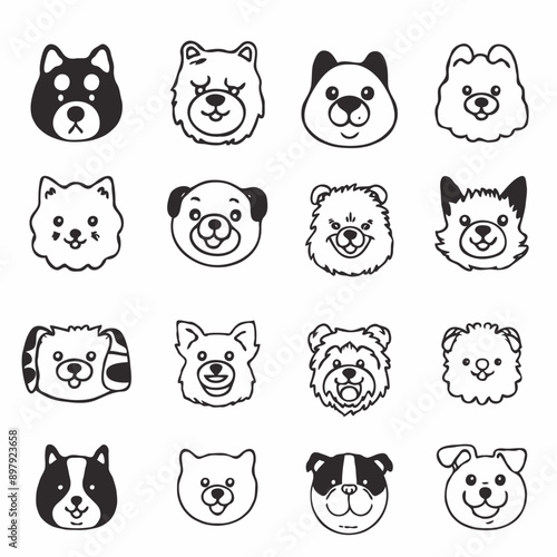 black and white vector line drawings of cute dogs